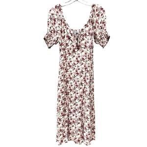 Mimi Chica Floral Print Midi Dress Low Cut Puff Sleeve Front Tie Cottagecore Med
